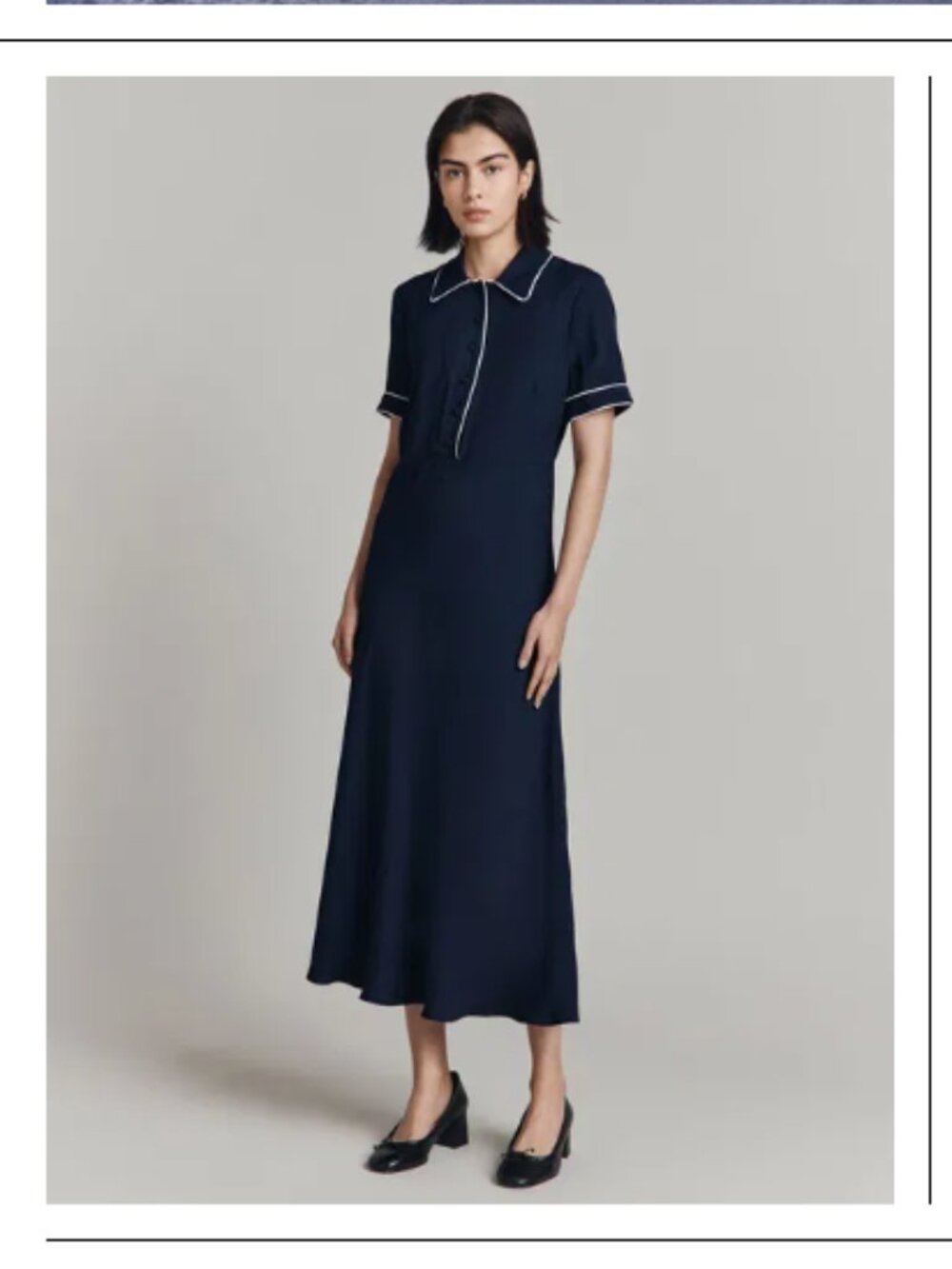 GHOST London Sophia Contrast Piping Midi Dress navy blue white 8US medium button